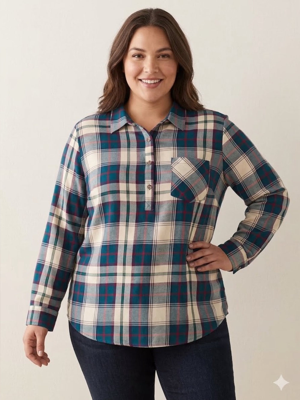 Ladies Plus Size Plaid Long Sleeve Pull-Over Henley Shirt in Teal and Cream 2X